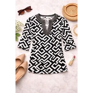 Carole Little Linen Beaded Tunic Top S Black White Geometric Resort Beach Summer
